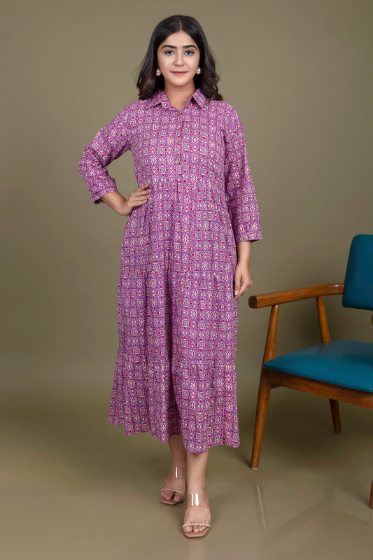 Tarz's Purple fully Printed tiered Maxi dress