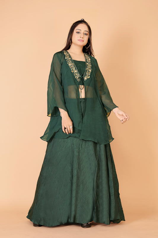 Tarz's Bottle Green Skirt Croptop with Embroidered Short Jacket